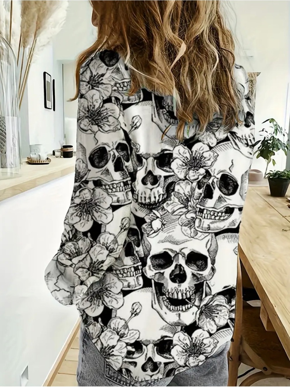 Women's Black & White Skull Floral Button-Up Top - Picture 2 of 3